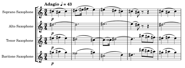 The first line of the score of Haydn's String Quartet, Op. 76 No. 6, arranged for SATB saxophone quartet.