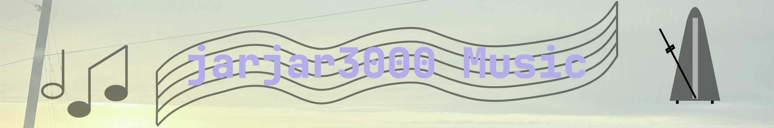 A sunset, with 'jarjar3000 Music' overlaid on a curved musical staff. There are music notes on the left side and a metronome on the right side.