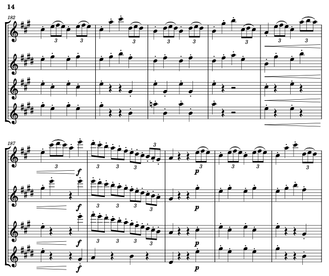 A pictrure of page 14 of the score of jarjar3000's arrangement of String Quartet Op. 76 No. 1, Movement 4 by Joseph Haydn for Saxophone Quartet.