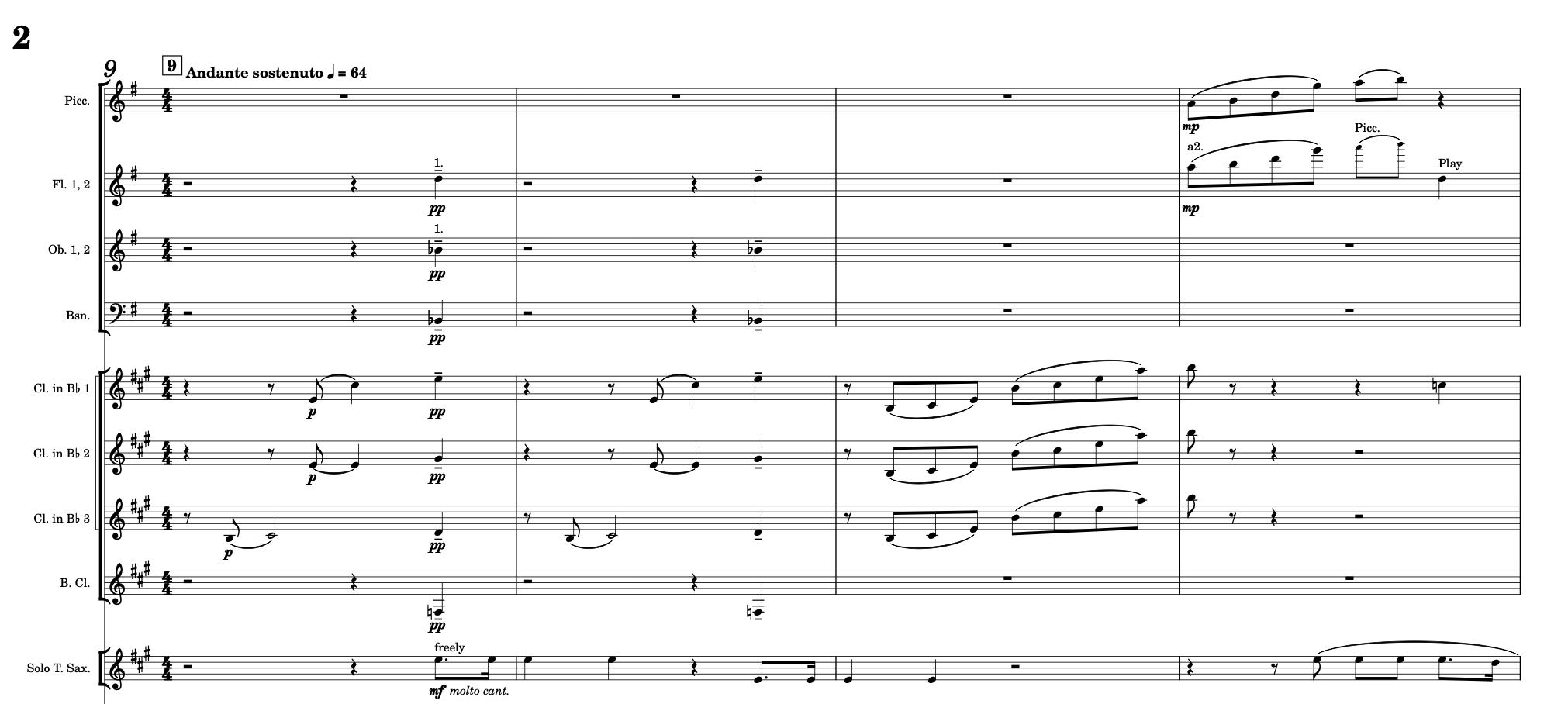 The top portion of the second page of the score of jarjar3000's arrangement of Nesssum Dorma by Giacomo Puccini.