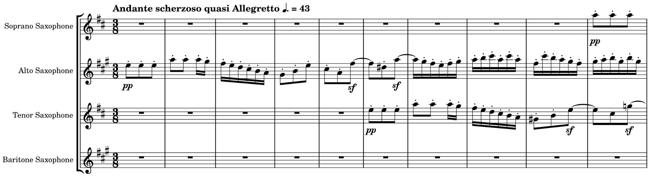 The first line of the score of Beethoven's String Quartet No.4, Op.18 No.4, Movement 2, arranged for SATB saxophone quartet.