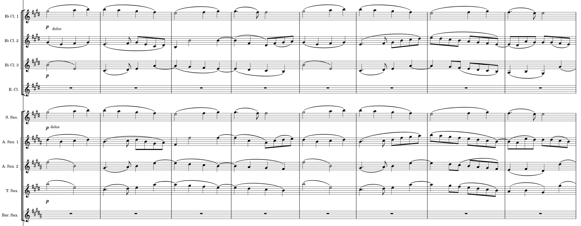 The Ode to Joy theme, played by the clarinets and saxophones, notated with musical notation.